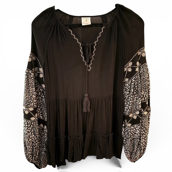By Together Tops - By Together Black Boho Blouse with Patterned Sleeves
